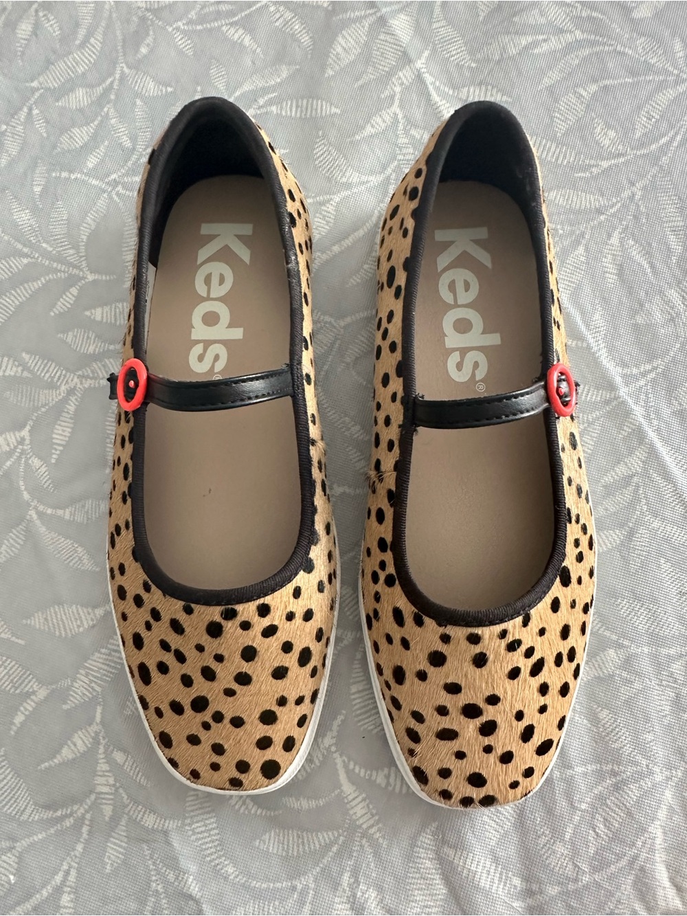 Keds Women’s Print Mary Janes in Tan, Black & Red Accent